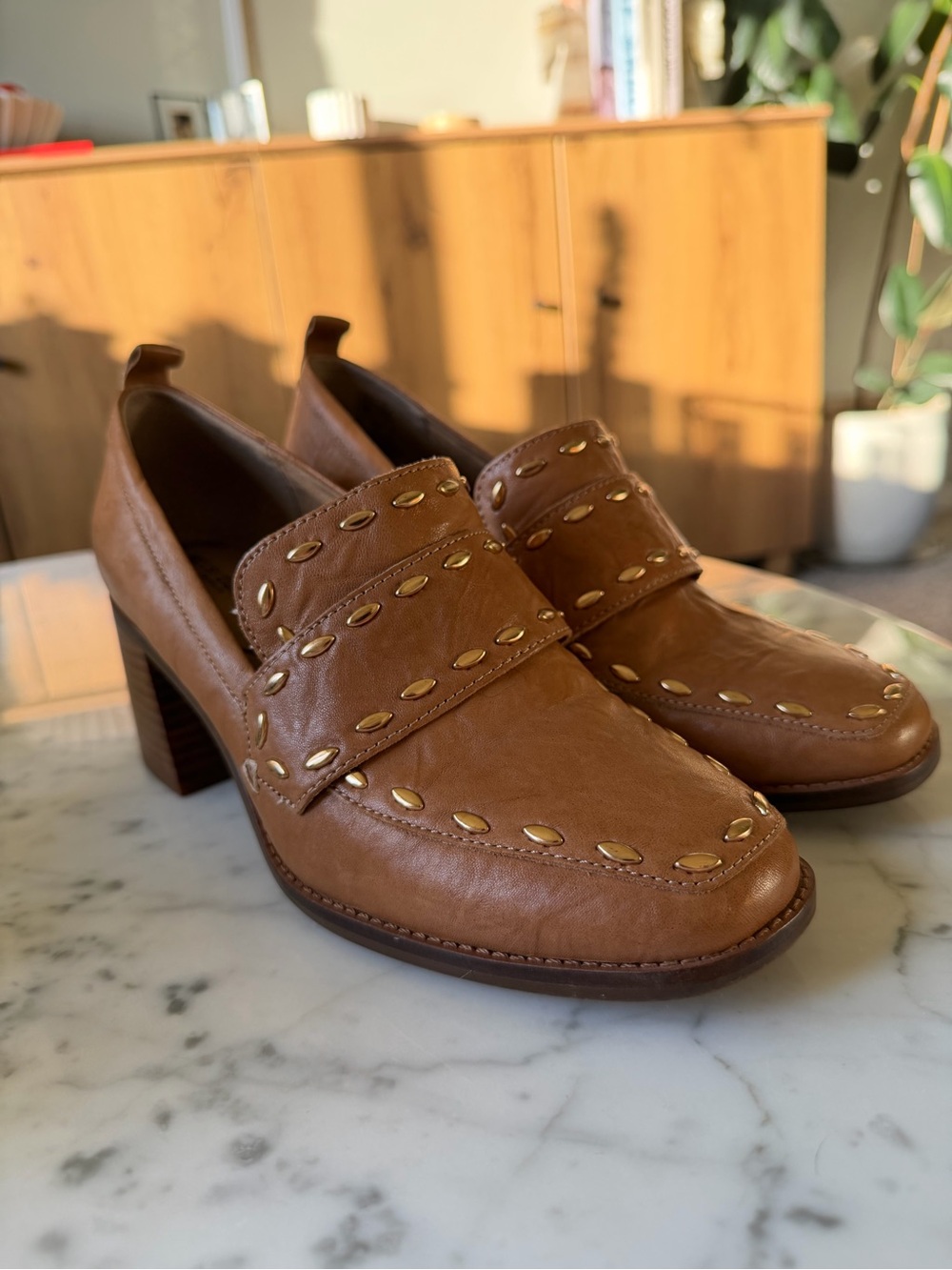 Kelsi Dagger Cognac Leather Studded Block Heel Loafers